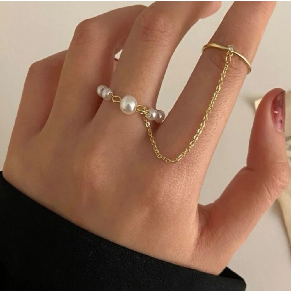 Gold Pearl Chain Ring